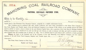 Mahoning Coal Railroad Co. signed by H.B. Payne - Stock Certificate